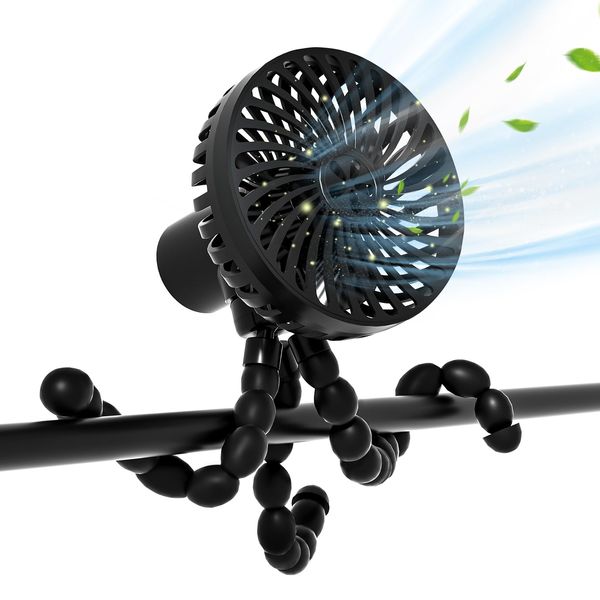 Stroller Fan Portable Fan Personal Fan with Flexible Tripod Clip-on for Baby, USB Fan Rechargeable Battery Operated, Small Handheld Fan Cooling for Travel, Car Seat, Camping, and Bedroom, Black