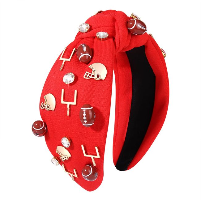 Football Headband for Women Football Mom Accessories Rhinestone Jeweled Football Charm Top Knot Hairband Black White Red Purple Blue Gameday Sports Wide Twist Football Hair Band Headpiece Accessories