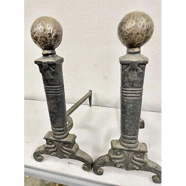 Pair Of Vintage Cast Iron Andirons NLH