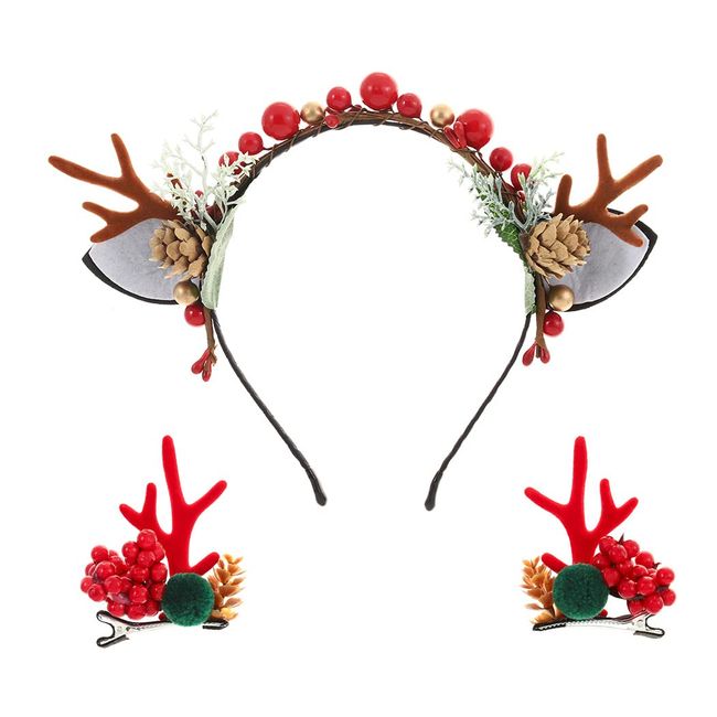 IYOU Weihnachts Stirnband Set Rot Rentiergeweih Haarband Beeren Tannenzapfen Weihnachts Haarspangen Haarschmuck für Erwachsene und Kinder