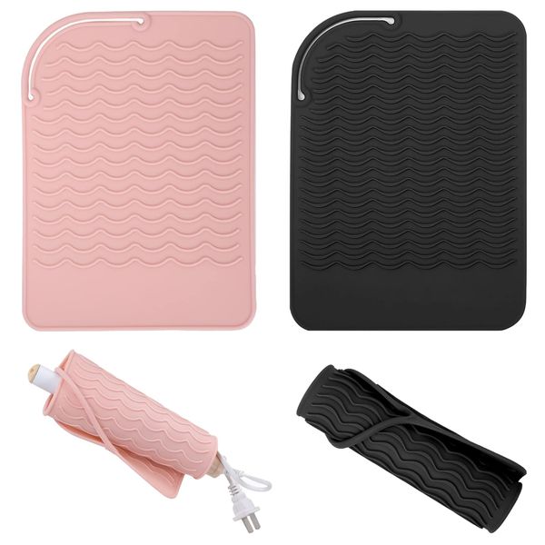 2 Pcs Heat Mat for Hair Straighteners Silicone Heat Resistant Mat for Curling Irons Anti-Scald Heat-Resistant Mat -40°C to 230°C (Black & Pink) Hair Straightener Mat Safe for Heat Mats