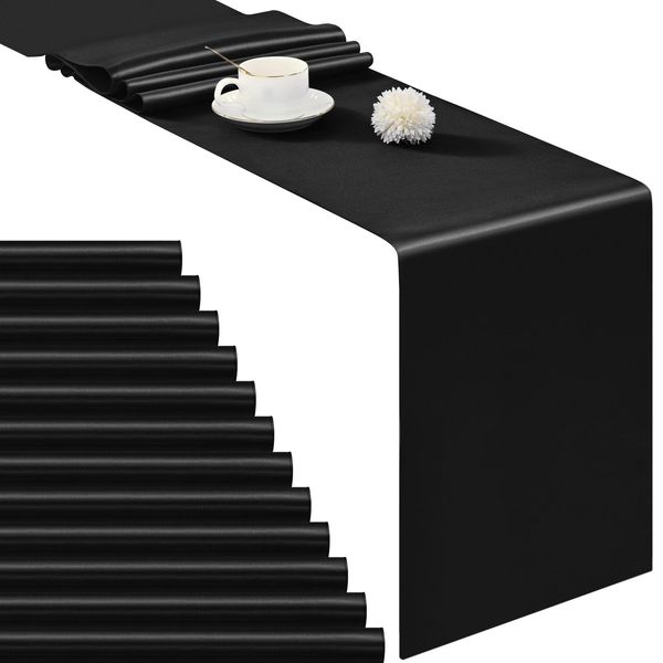 Pesonlook 12 Pack Black Satin Table Runner, 12x72 Inch, Solid, Classic, For Rectangular and Round Tables