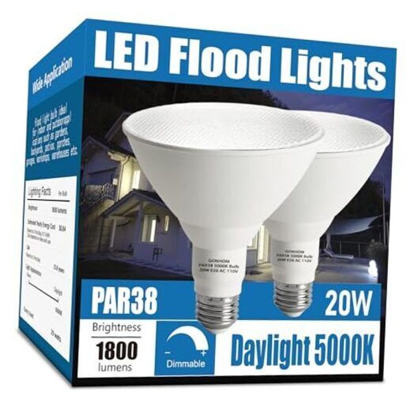 Par38 LED Flood Light Bulbs Outdoor 2 Pack, Dimmable 5000K Daylight, 20W