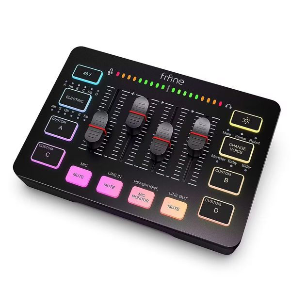 FIFINE Gaming Audio Mixer Audio Interface PS5/PS4 Gaming Audio Mixer Podcast Mixer with RGB Function Voice Changer Button Custom Sound Effect Distribution XLR Connection Mixer FIFINE AmpliGame SC3