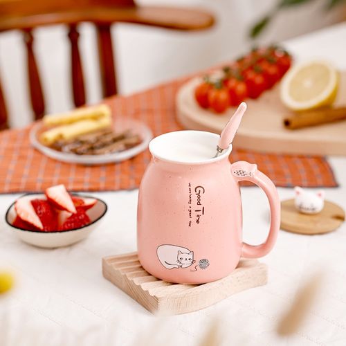 SHENDONG Cat Mug Cute Ceramic Coffee Cup with Kawaii Cat Wooden Lid and Lovely Stainless Steel Spoon Novelty Morning Cup Coffee Milk Tea Mugs - 3D Animal Cat Mugs for Cat Lovers Women Gifts(Pink)