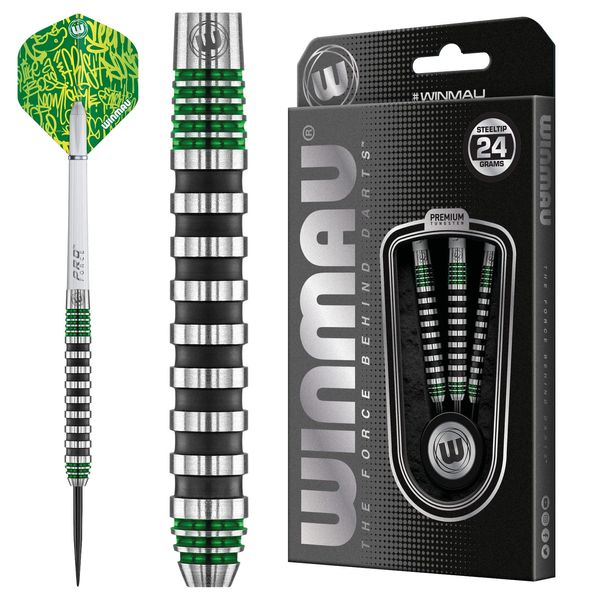 WINMAU Advance 500 Series Tungsten Green 24 Gram Steeltip Darts Set with Flights and Shafts (Stems)