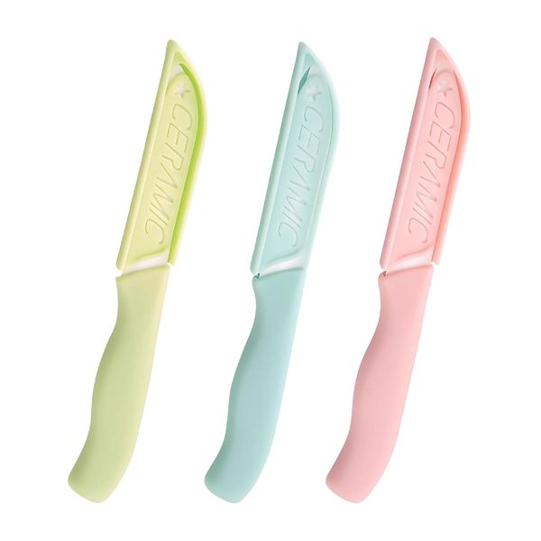MAEXUS Paring Knife with Protective Cover, Set of 3 Ceramic Knives, Fruit Knife, Ceramic Knife, Paring Knife, Small Sharp Kitchen Knife, Ergonomic Ceramic Knife for Vegetables and Fruit Cooking