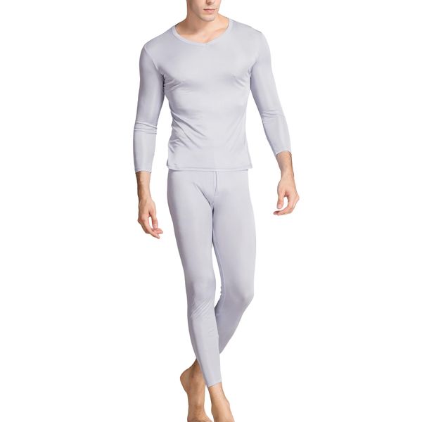 Grenasasilk Men's Silk Long Johns Mulberry Silk Long Underwear V-Neck Breathable Thermal Underwear Sets & Undergarments (L, Silver Grey)
