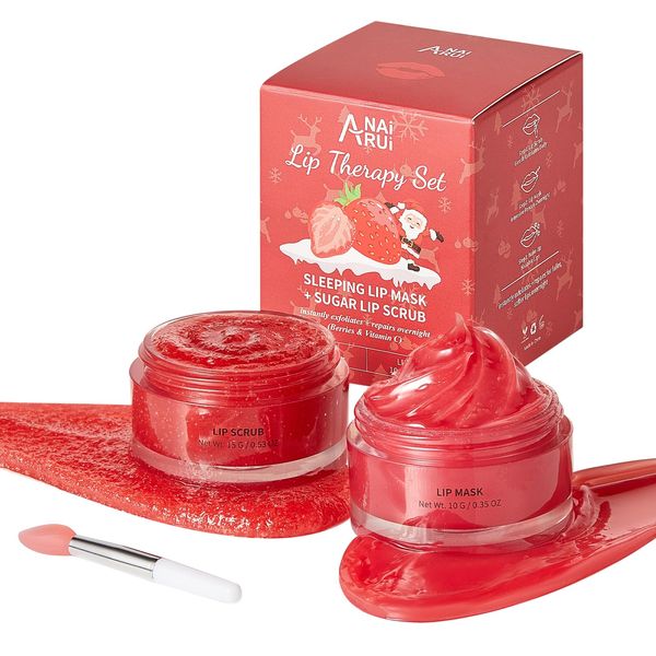 ANAiRUi Set regalo di Natale per la cura delle labbra, Berry + VC Lip Scrub Peeling Set Lip Repair Mask & Lip Sugar Scrub, Dry Cracked & Bursting Lip Moisturiser