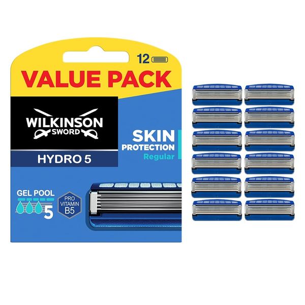 WILKINSON SWORD - Hydro 5 Skin Protection For Men | Hydrating Gel and Precision Trimmer | Pack of 12 Razor Blade Refills