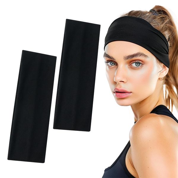 Sularpek 2 Stück Haarbänder, Schwarz 7cm Breites Haarband, Elastic Headband, Anti-Rutsch Stirnband Damen, für Laufen, Radfahren, Yoga, Fitness