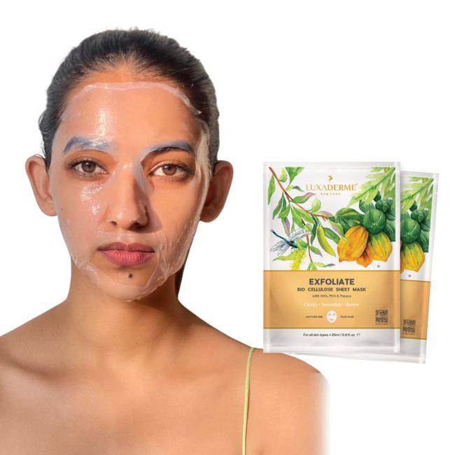 LuxaDerme Exfoliate Bio Cellulose Face Sheet Mask with Green Tea & Papaya Serum | Exfoliates dead skin cells, resurfaces & moisturizes skin | All skin types. 100% Fermented Coconut Jelly.