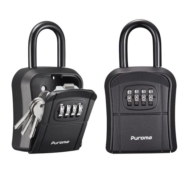 Puroma Key Lock Box, Portable Combination Lockbox Wall-Mounted Key Storage Box for House Keys, Resettable Code Safe Security Lock Box for Home, Office, Apartment Spare Key Storage (2 Pack, Pure Black)