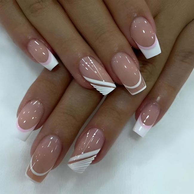 French Style False Nails Medium Length, Pink and White Stick on Nails, 24pcs Square Press On Nails with Glue Elegant Ballet Heart Design Sweet Fake Nails for Women Girls (Sweet French)