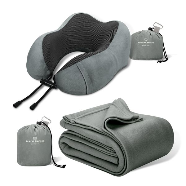 urnexttour Travel Pillow and Blanket Set Travel Essentials for Flying Compact Soft Blankets and Memory Foam Neck Pillows for Traveling Airplane Car Camping Sleeping Grey