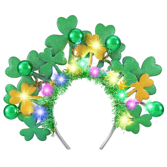 GENBREE Light Up St Patrick's Day Headband Led Shamrock Hair Band Irish Green Ball Hair Hoop Festival Party Costume Hair Accessories for Women and Girls