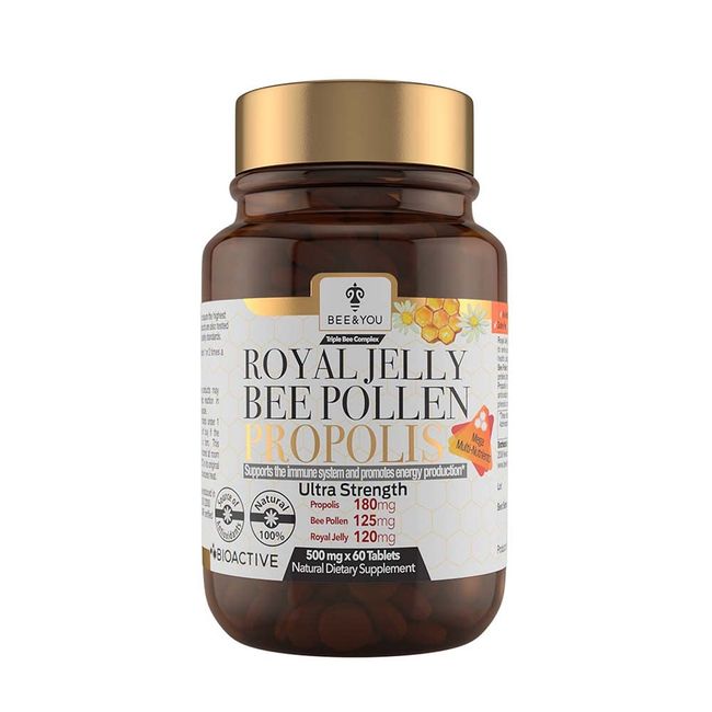 BEE & YOU Royal Jelly Bee Pollen Propolis Dietary Supplement, Carob, Count of 60 Tablets
