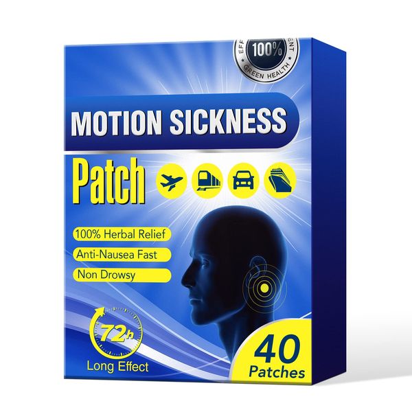 Motion Sickness Patches, Car & Sea Sickness Sticker, Anti Nausea Travel Vomiting Relief Pain Patch for Travel of Cars, Ships, Planes, Fast Acting and No Side Effects with Waterproof, 40 Patches/Box