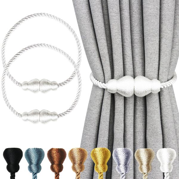 Nieffeiy Magnetic Curtain Tiebacks 2Pack Outdoor Curtain Tie Backs Rope Decorative Magnetic Curtain Holders for Drapes Window Treatment Holdbacks, White