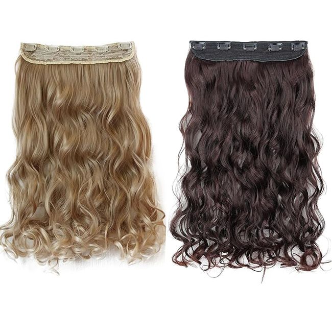 Haar Extensions,Osuter 2PCS Clip in Extensions 50 cm Haarverlängerungen mit Clips Synthetik Gewellte Clip in Extensions Echthaar, Haarteil für Frauen (dunkelbraun und hellbraun mit beige weiß)