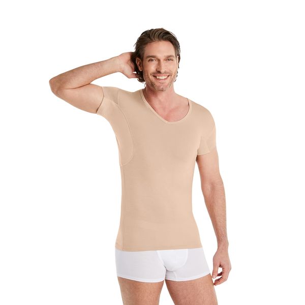 FINN Anti-Schweiß Shirt Herren mit extra kurzen Ärmeln - Perfekt unter Kurzarm-Hemden und Polo-Shirts - Unterhemd mit Achselpads gegen Schweißflecken und Schweißgeruch Hautfarbe Nude L