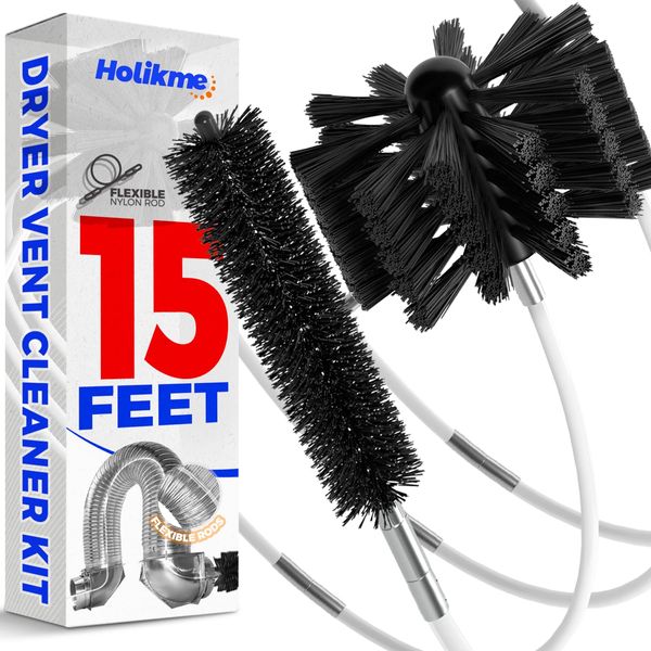 Holikme 15 Feet Dryer Vent Cleaning Brush, Lint Remover, Extends Up to 15 Feet, Synthetic Brush Head, Use with or Without a Power Drill