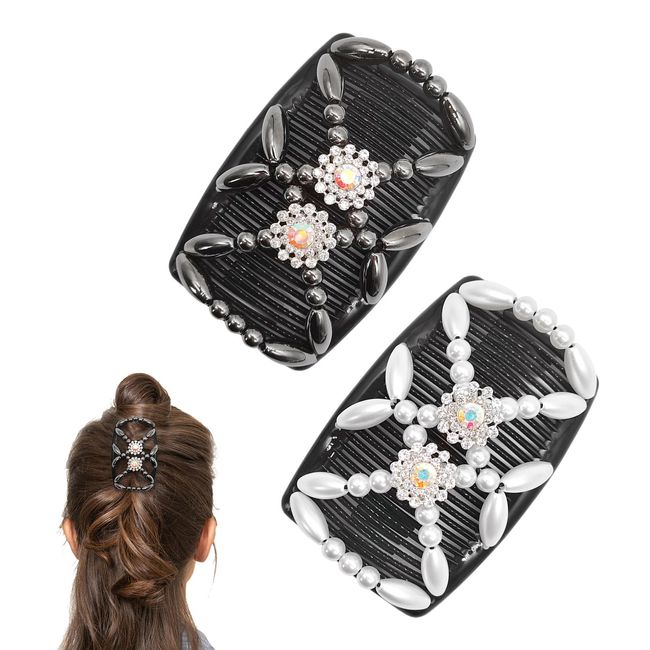 Quacc 2pcs Magic Bead Hair Combs Stretch Beaded Hair Combs Double Sided Clips Hair Comb for Women Girls DIY Hairstyling Hair Accessories (Black and White)