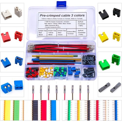 Tcenofoxy PCB Mount Assortment Kit,PCB 2.54mm Jumper Wire Connector Inculdes 2.54mm Jumper Cap,40 Pin Header,Dupont Connector and 22AWG Pre-crimpe Jumper Wire Assortment Kit(TC-Jumper)