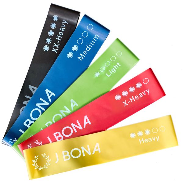 J Bona Resistance Bands [Set of 5] - Skin-Friendly Premium Exercise Bands for Full Body Workout, Gym, Home, Yoga, Therapy - 5 Different Resistance Levels - Includes Bag and Manual