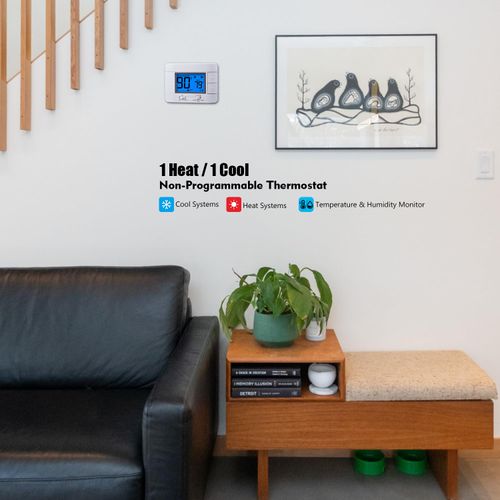 Non Programmable Thermostat for Home - Single Stage 1H/1C, with Room Temperature & Humidity Display and Large Blue LCD