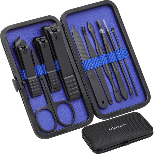 Glamne Set manicure Kit tagliaunghie Strumenti professionali per la cura delle unghie in acciaio inossidabile con custodia da viaggio in pelle 10 in 1 blu