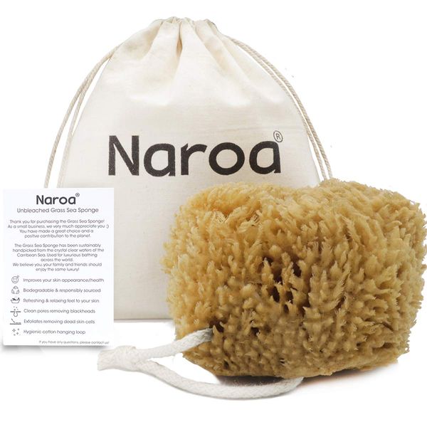 Naroa Unbleached Grass Sea Sponge Natural Exfoliating | Body Pouf for Adults Shower and Bath Mediterranean Scrub with Rope (Medium)