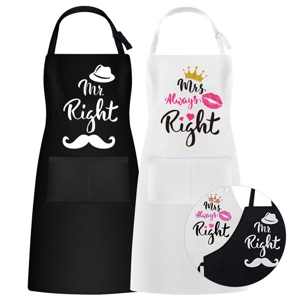 ROSEMO 2 Pack Mr and Mrs Aprons Adjustable Chef Cooking Apron with Pockets for Men and Women as Wedding Anniversary Valentine's Day Engagement Bridal Shower Gift for Couples and Newlyweds