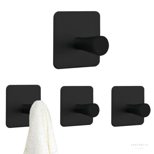 AESTHELIV Adhesive Hooks for Hanging - 4 Pack, Heavy-Duty Hooks for Walls No Damage (15lbs) Self-Adhesive Hook for Towles, Robes, Loofhas, Strong Sticky Hook for Closet, Door, Wardrobe. (Black 3)