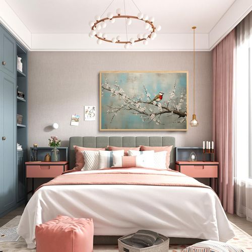 Bird Wall Art White Flower Canvas wall art Lovely bird on plum tree flower painting picture frame print Modern art work Bedroom Bathroom Kitchen Home wall decoration (12 * 16inch Unframed)