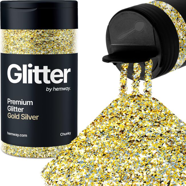 Hemway Gold Silver Glitter Chunky 130g/4.6oz Powder Metallic Resin Craft Glitter Flake Sequins for Epoxy Tumblers, Hair Face Body Eye Nail Art Festival, DIY Party Decorations Paint