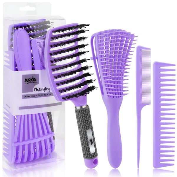 4pcs Curly Hair Brush Set for Adult & Kids Wet or Dry Hair, Detangling Brush for 3/4ABC Hair with Hair Detangler Brush Wide Tooth comb(4, Purple)