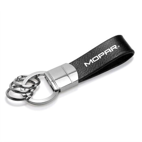 Mopar Black Real Leather Stripe Chrome Round Hook Metal Key Chain