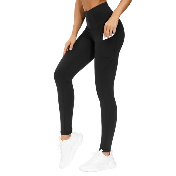 THE GYM PEOPLE Thick High Waist Yoga Pants with Pockets, Tummy Control Workout Running Yoga Leggings for Women (Large, Black)