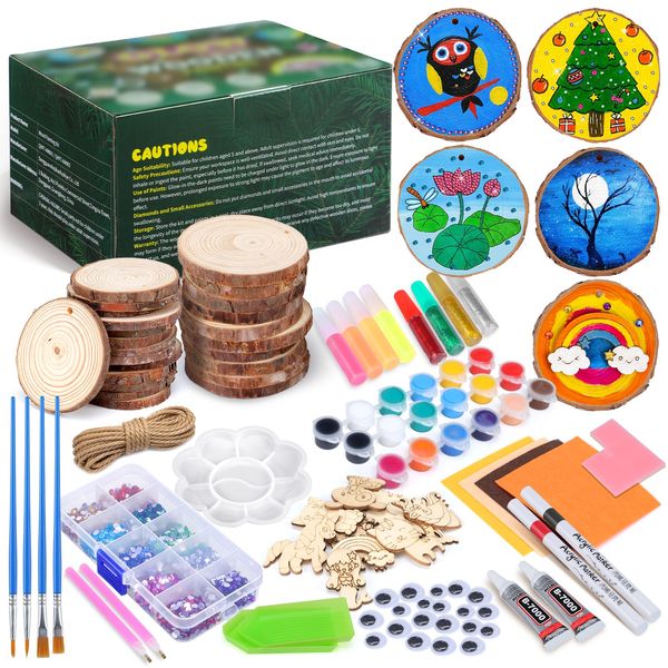 Wooden Painting Kit Crafts Kit for Kids Ages 6-12, 24 Wood Slices Glow in The Dark Arts and Crafts with Painting Craft Activities Kits, Creative Art Toys for 5, 6, 7, 8, 9, 10, 11, 12 Year Old Kids