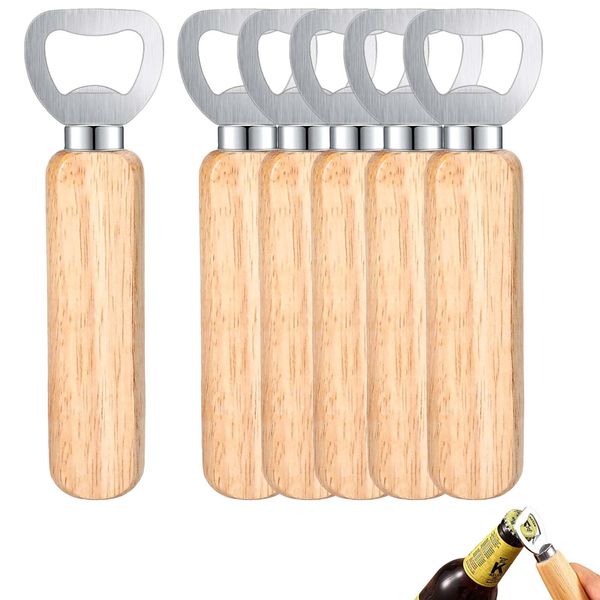 Royouzi 6 Stück Flaschenöffner, Bottle Opener, ​Holz Bieröffner Holzgriff Tragbare, Naturholz Kronkorkenöffner für Startseite, Pub, Outdoor, Männer (6PCS-Holzfarbe)