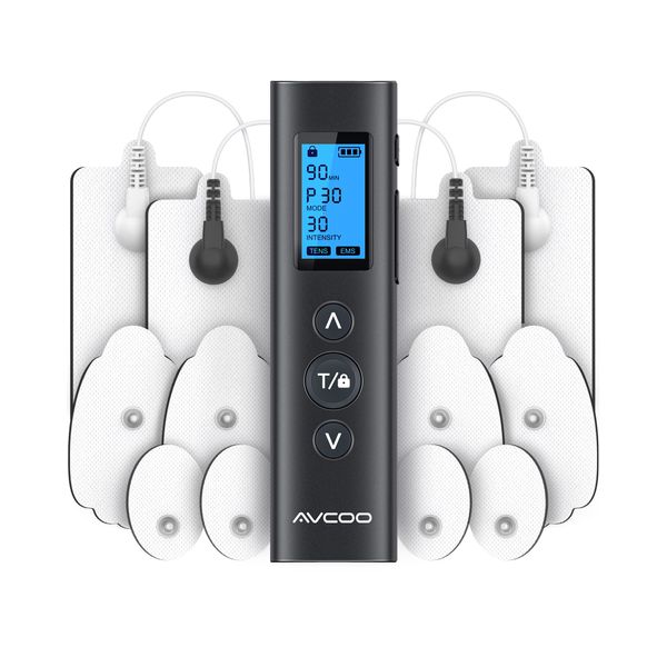 AVCOO 30 Modes TENS EMS Unit Compact Muscle Stimulator for Pain Relief, Rechargeable & Portable Dual Channel EMS Muscle Stimulator with 30 Intensity Levels and 12 Electrode Tens Unit Replacement Pads