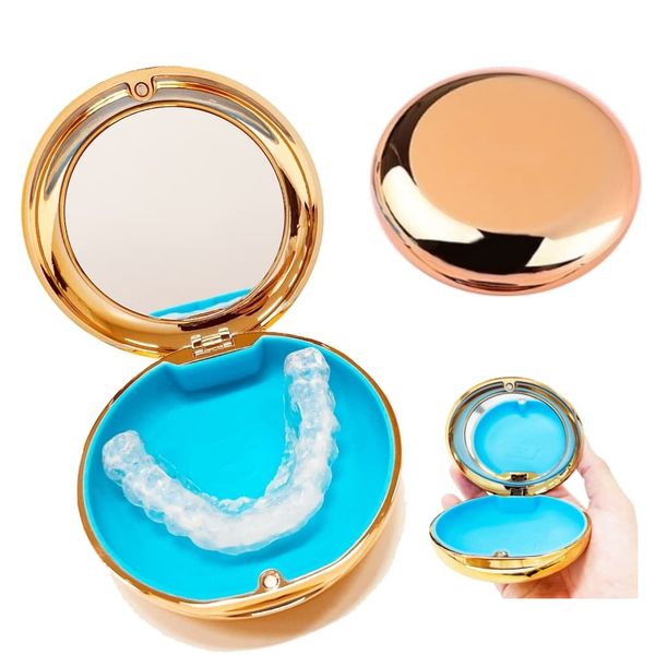 AT Product Mouthpiece Case, Portable, Mirror Included, Denture Case, Retainer Case (Gold)