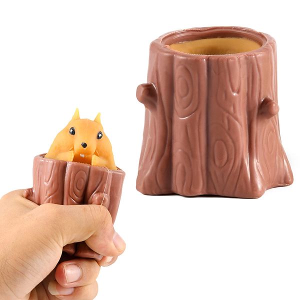 OriCraft Magic Squirrel Stress Relief Toy Surprise Stump Animal Squirrel Cup for Anxiety Relief, ADHD Squeeze Out The Surprises and Heal The Emotions, Sensory Toy for Autism(Brown)