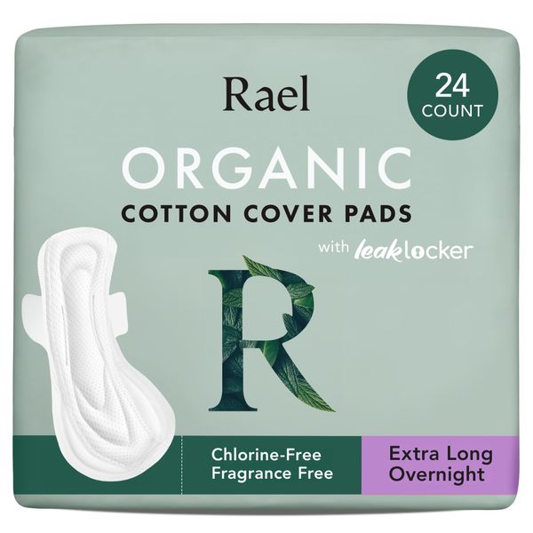 Rael Pads for Women, Organic Cotton Cover - Period Pads with Wings, Feminine Care, Sanitary Napkins, Heavy Absorbency, Unscented, Ultra Thin (Extra Long Overnight, 24 Count)