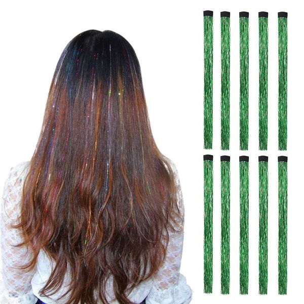 LiaSun 10Pcs/set Highlight Glitter Tinsel Hair Extensions Clip In - Colored Party Sparkling & Shiny Hair Extensions - Multi-Colors Hair Streak Bling Hairpieces (Green)