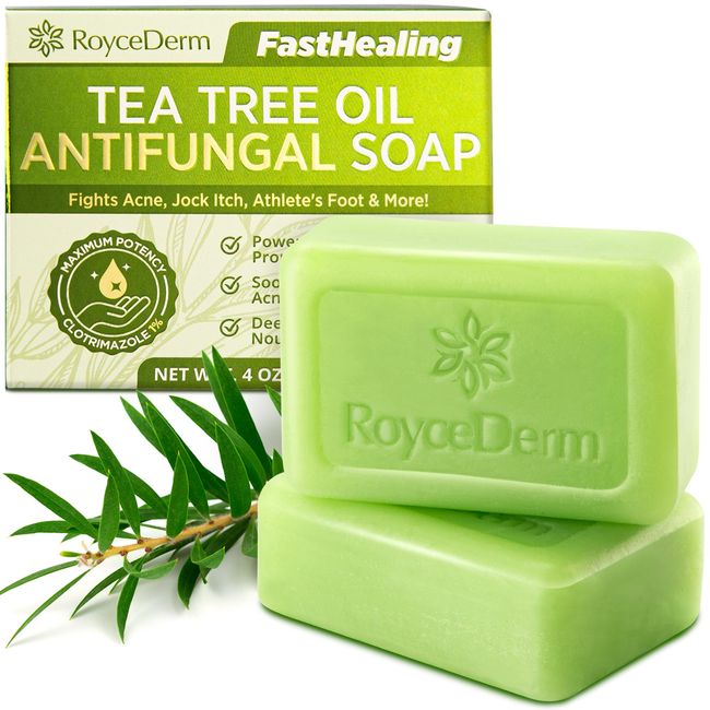 Antifungal Antibacterial Tea Tree Soap: Tea Tree Oil Soap for Face & Body Acne - Antifungal Antibacterial Treatment Soap for Athlete's Foot Tinea Versicolor Folliculitis Ringworm Jock Itch - 2 Pack