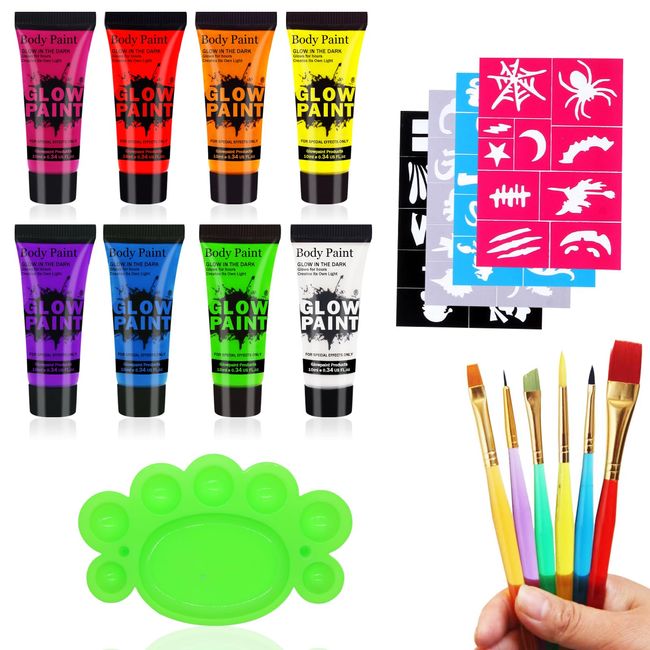 Face Paint, UV Körperfarben Set, Schwarzlicht Bodypainting, 8 x 10 ml UV Farbe Schminke, Geeignet für Halloween, Karneval Körper und Gesicht leuchten im Dunkeln Neon Malerei