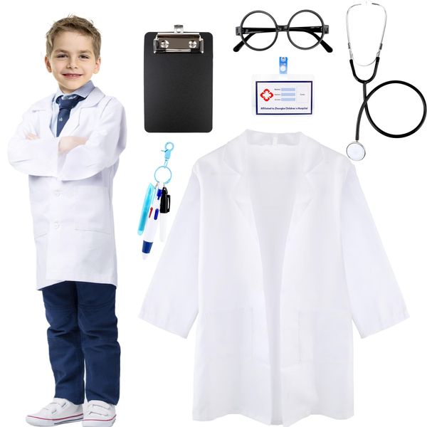 6 Pcs Kids Doctor Costume Set White Lab Coat Stethoscope with Dress Up Props for Halloween Career Day Pretend Party Cosplay (9-12 years（140-150cm）)