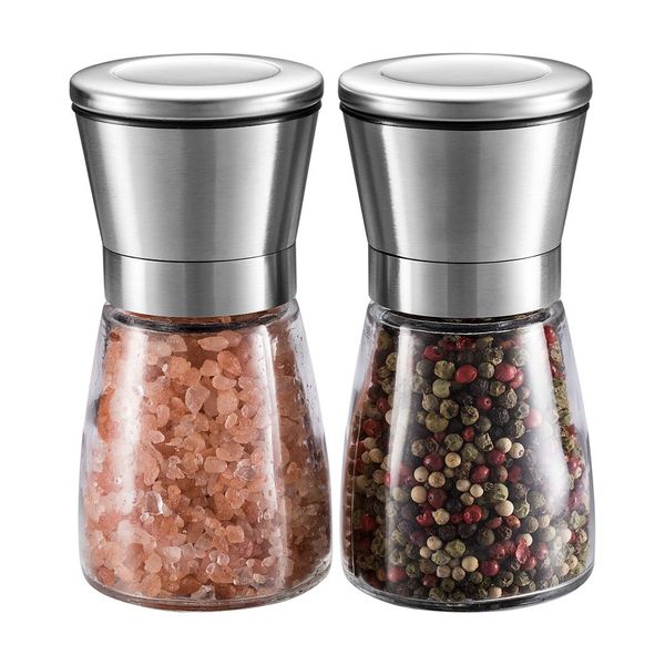 WINSHEA Salt and Pepper Grinder Set – Premium Stainless Steel Salt & Pepper Mill with Glass Body and Adjustable Coarseness, Brushed Stainless Steel Salt and Pepper Shakers